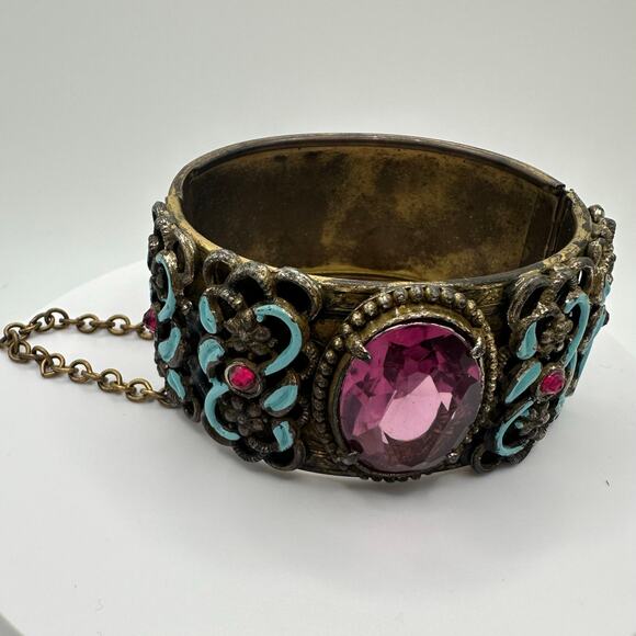 Vintage antique Austro Hungarian Czech glass enamel hinged bangle bracelet - Picture 2 of 10